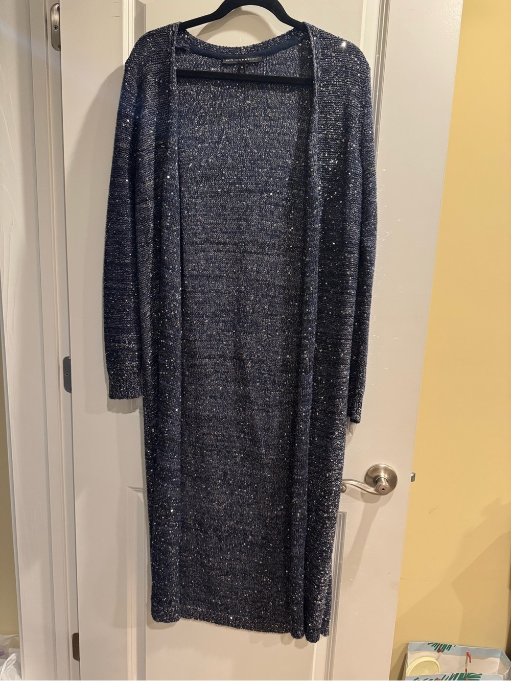 White House Black Market Navy Metallic Long Open-Front Cardigan